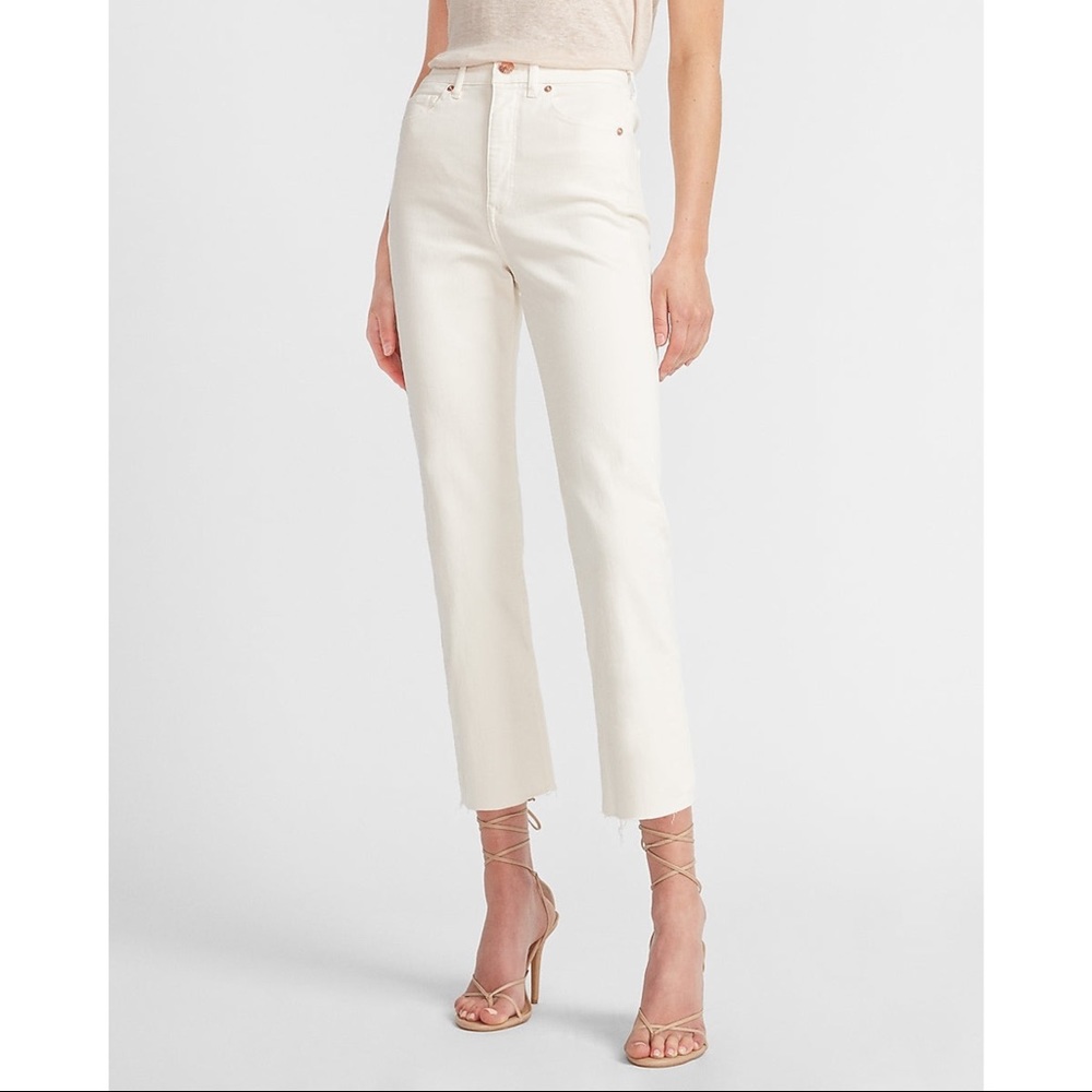EXPRESS Super High Waisted Off-White Raw Hem Straight Jeans In Mineral
